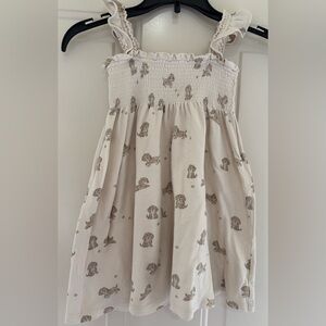 Quincy Mae Cream Puppy Print Smocked Dress best guess 2/3t